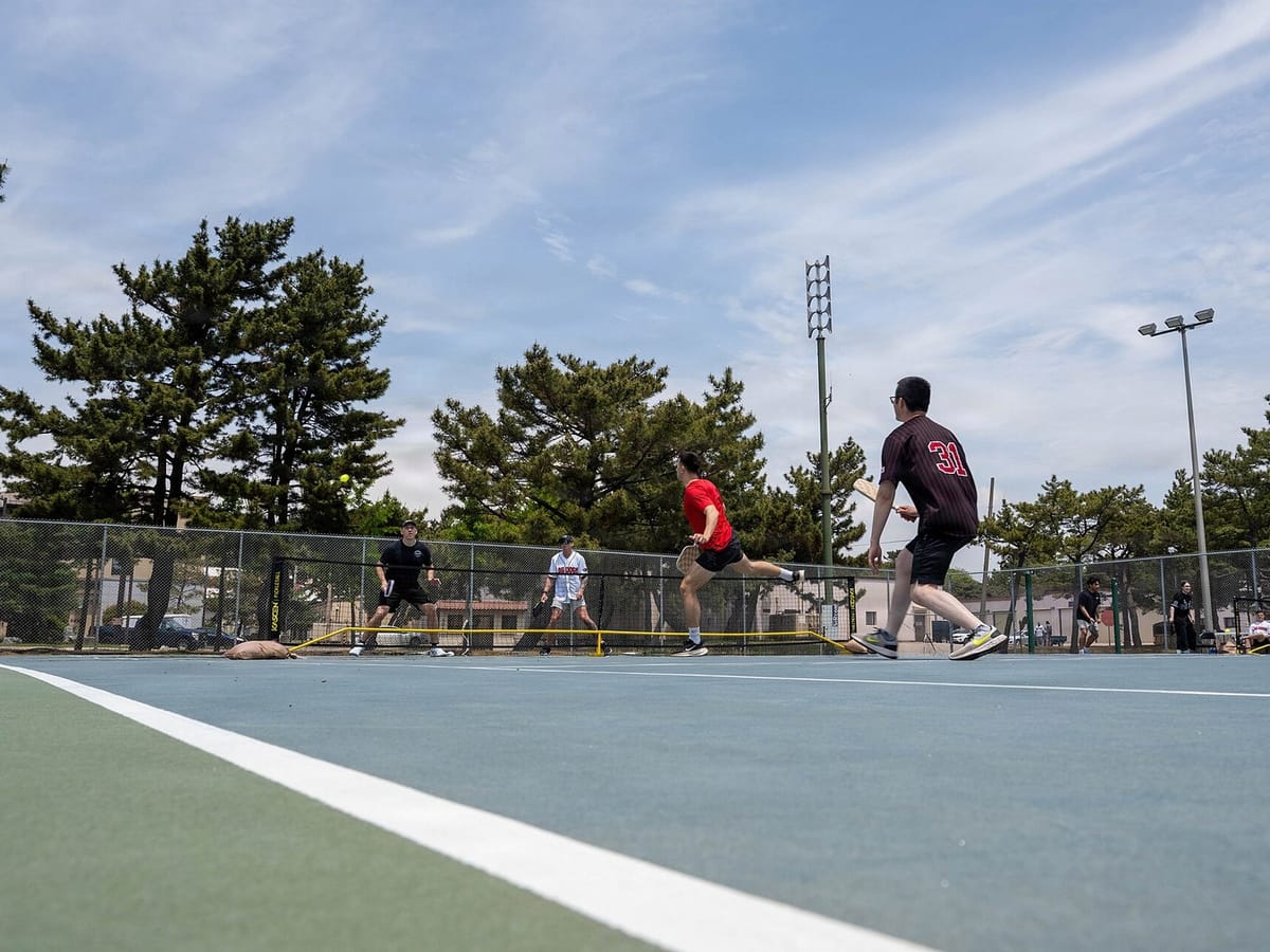 A row of pickleball paddles leaning on a fence